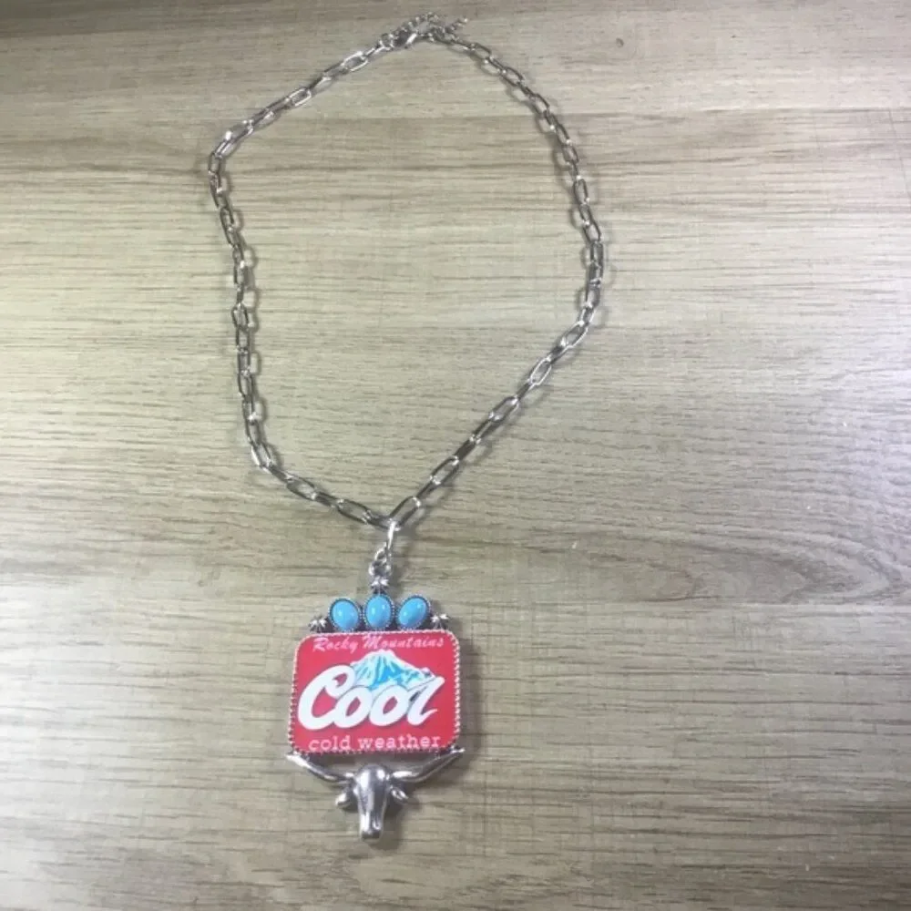 Western Cowboy Bull Head Silver Chain Necklace with Red and Turquoise Pendant